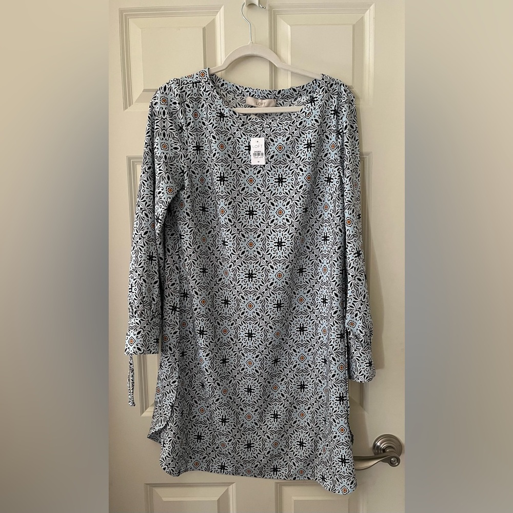 NWT Loft Dress Long Sleeve Blue White Geometric Boat Neck Tassel Tie Sleeves Med